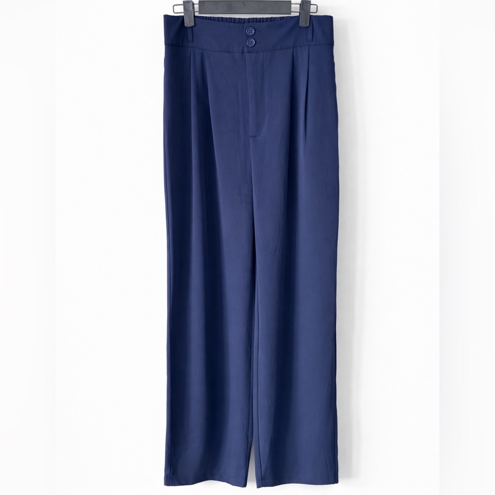 Wide Leg Navy Trousers - Classic High-Waist Pants - Picture 2 of 12